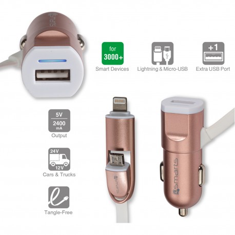 Tech Up - 4smarts MultiCord MicroUSB+Lightning Car Charger rose gold