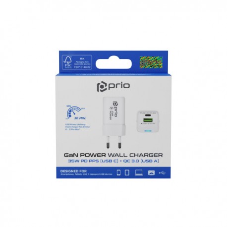Tech Up - Prio Wall Adapter Charger GaN Power 35W PD PPS USB C+QC 3.0 USB A White