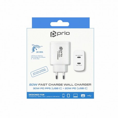 Tech Up - Prio Type-C Wall Adapter 50W PD 30W PD PPS (USB C) + 20W PD (USB C) White