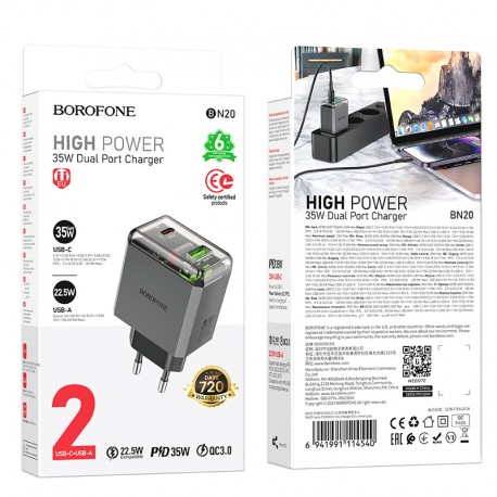 Tech Up - Borofone BN20 PD 35W  Wall Adapter Usb+Usb-C Lena/Grey