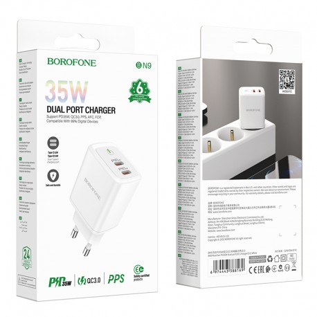 Tech Up - Borofone BN9 PD QC3.0 35W Wall Adapter Charger 2Usb-C Reacher/White