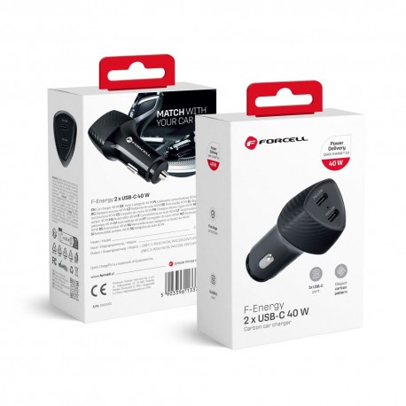 Tech Up - Forcell CC50-2C 2Usb-C 40W Total Car Adapter Charger Black
