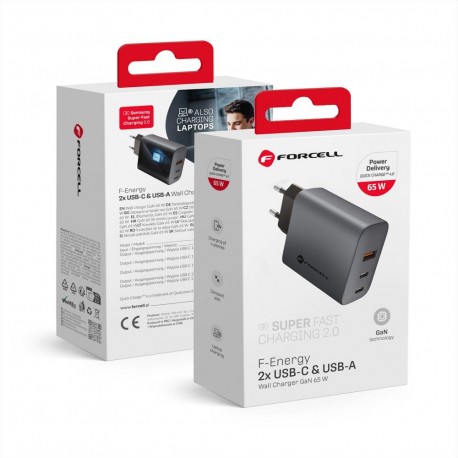 Tech Up - Forcell GaN VT-42B 2Usb-C+Usb-A PD QC4.0 4A 65W Grey