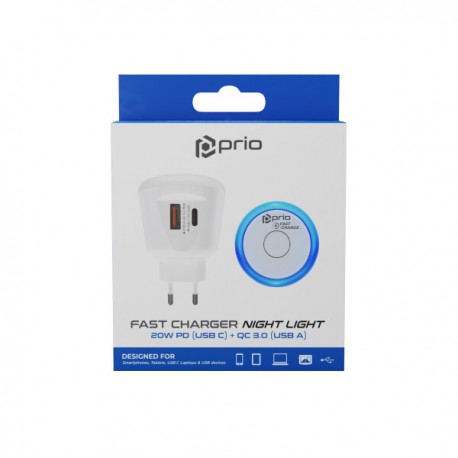 Tech Up - Prio Type-C PD 20W+Usb 3.0 Wall Adapter Fast Charger Night Light Blue