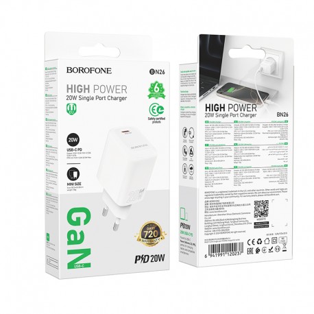 Tech Up - Borofone BN26 PD 20W Usb-C Wall Adapter Charger Mini Size White