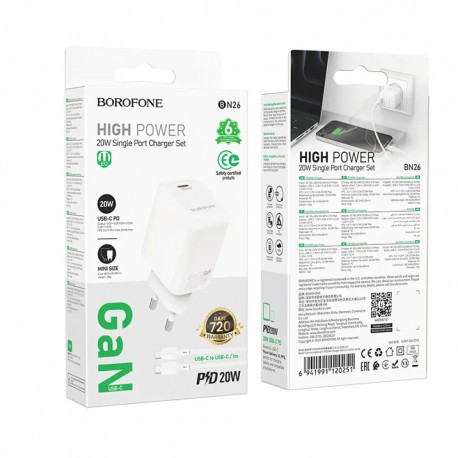 Tech Up - Borofone BN26 PD Wall Adapter 20W Usb-C+Usb-C/Usb-C Cable White